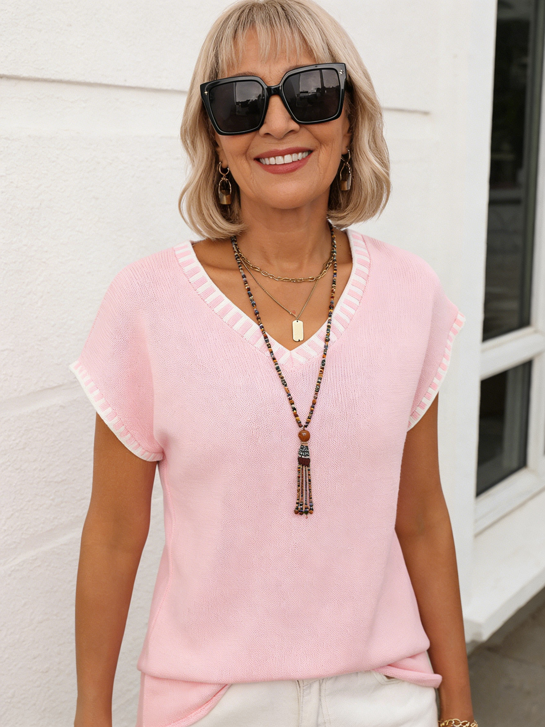 Women's Pullover V-neck Short-sleeved Striped Knitted Sweater