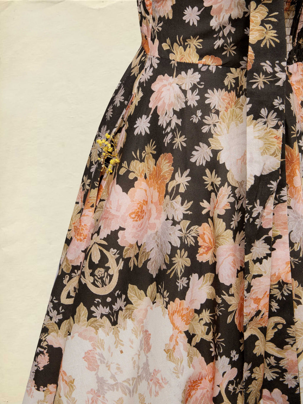 Midi Cotton Dress, Sleeveless, Sweetheart Neck, Floral, Suspenders, Vacation, Vintage, Apricot