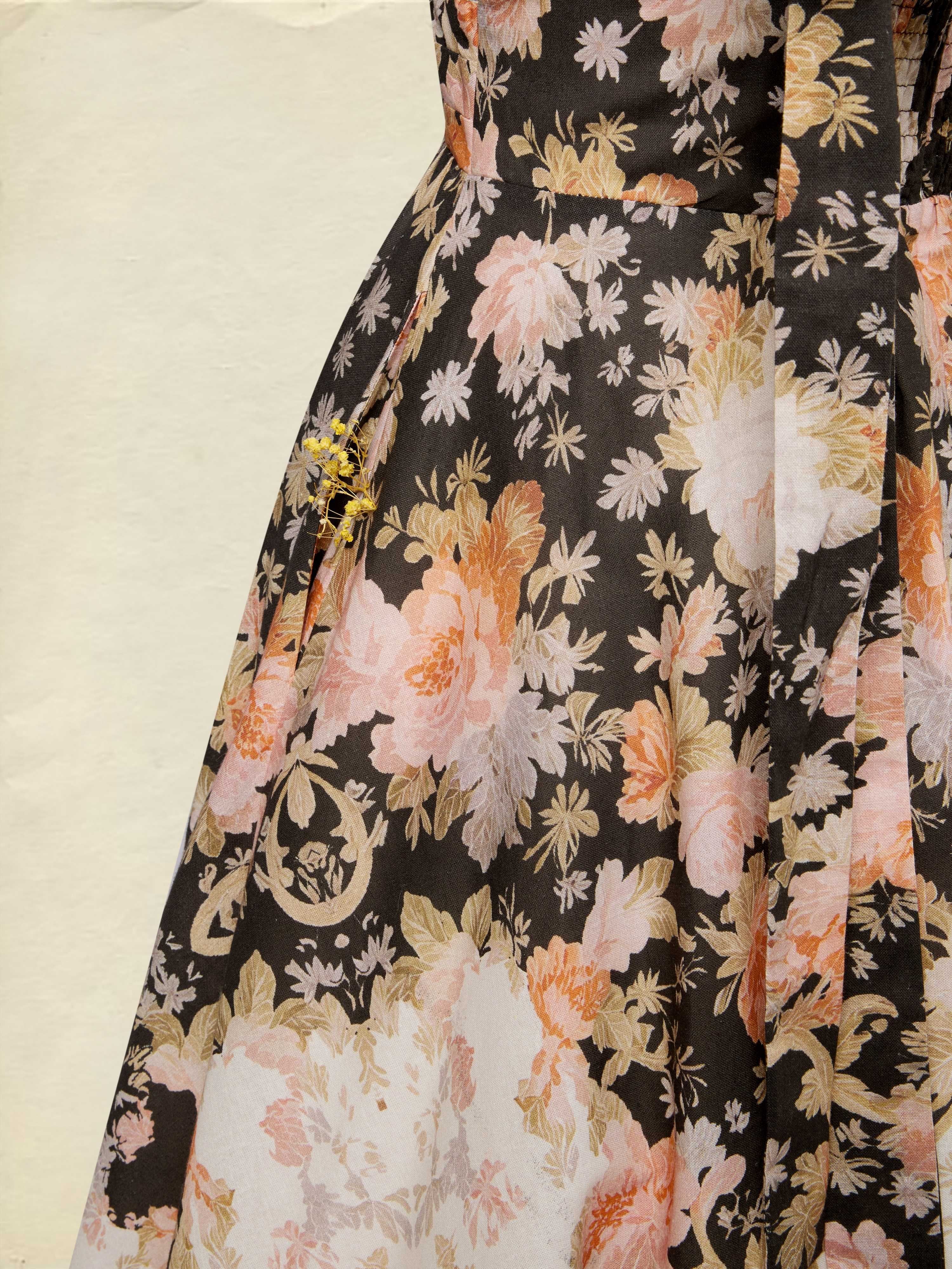Midi Cotton Dress, Sleeveless, Sweetheart Neck, Floral, Suspenders, Vacation, Vintage, Apricot