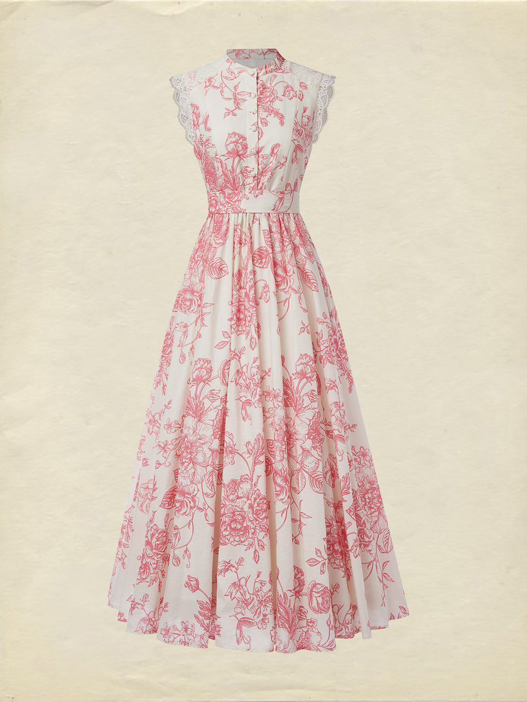 (SIZE:XS-XXL) Maxi Linen Dress , Cap Sleeves, Stand Collar, Floral, Lace, Vintage, Apricot