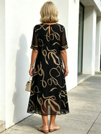 Black Abstract Print Chiffon Midi Dress, V-Neck Short Sleeve Loose Tummy Concealing Back Tie Vacation Dress for Mature Women