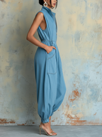 Light Blue Denim Sleeveless Zip Front Harem Jumpsuit