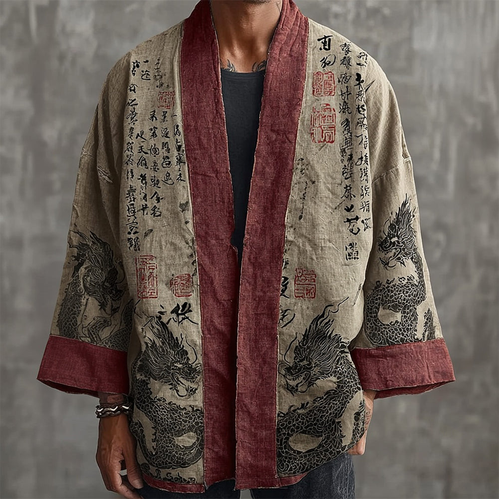 Men's Vintage Dragon Calligraphic Art Contrast Linen Kimono