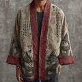 Men's Vintage Dragon Calligraphic Art Contrast Linen Kimono
