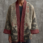 Men's Vintage Dragon Calligraphic Art Contrast Linen Kimono