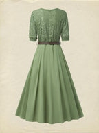 Midi Linen Dress , Half Sleeve, V Neck, Plain, Lace, Vintage, Army Green