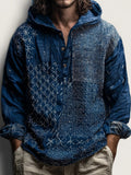 Men's Vintage Japanese Traditional Sashiko Art Linen Hooded Shirt