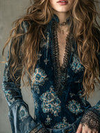 Retro Blue Floral  Velvet Lace Blouse With Bell Sleeves