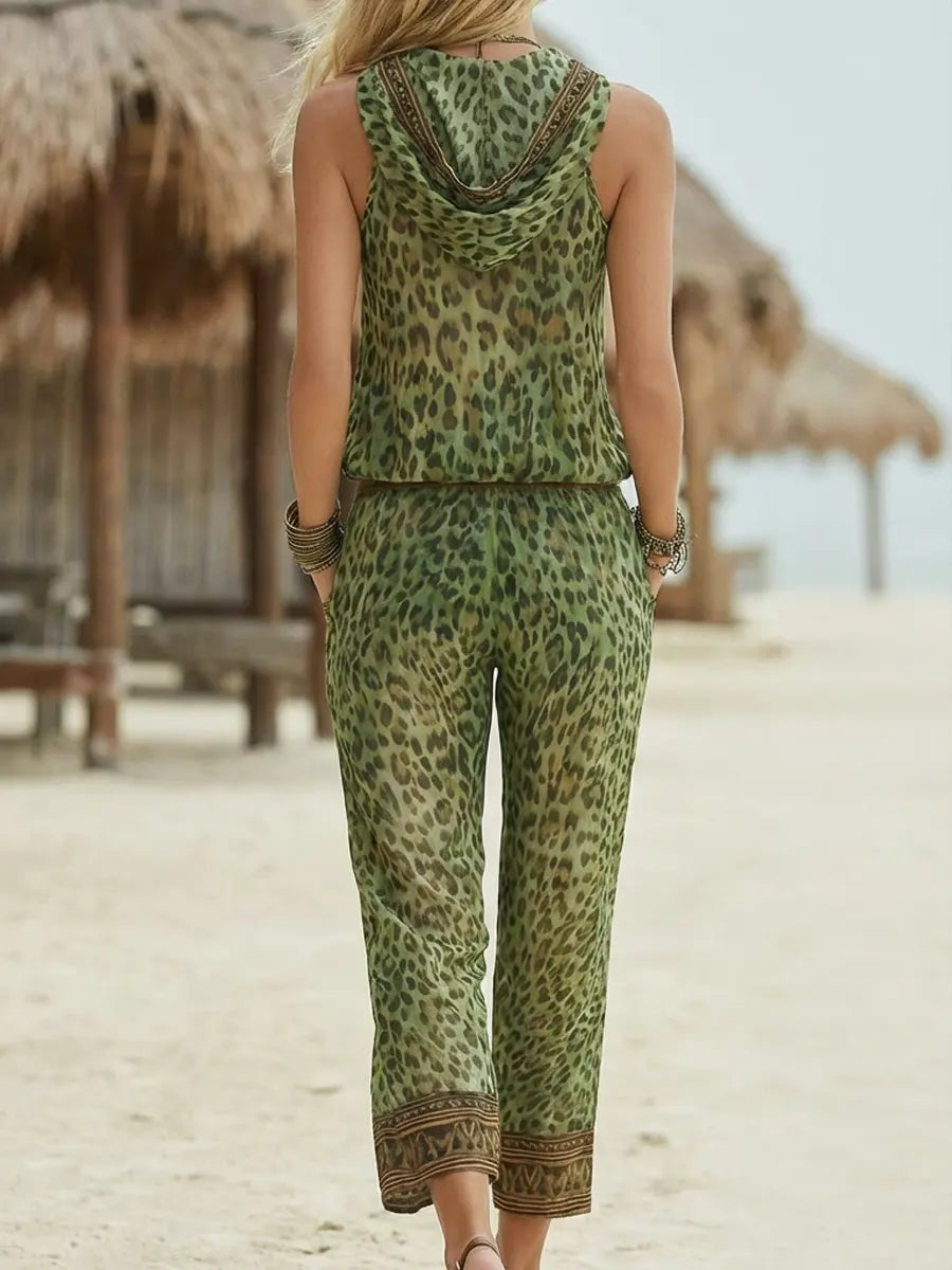 Women's Retro Leopard Art Print Hooded Casual Top And Pants Suits