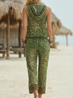 Women's Retro Leopard Art Print Hooded Casual Top And Pants Suits