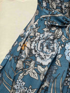 Maxi Linen Dress, Long Sleeves, Round Neck, Floral, Ruffles, Vintage, Deep Blue