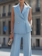 Sleeveless Double-Breasted Blazer Vest & High-Waisted Wide-Leg Pants Two-Piece Suit