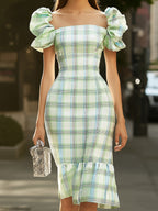 Fresh Green Plaid Puff Sleeve Dress