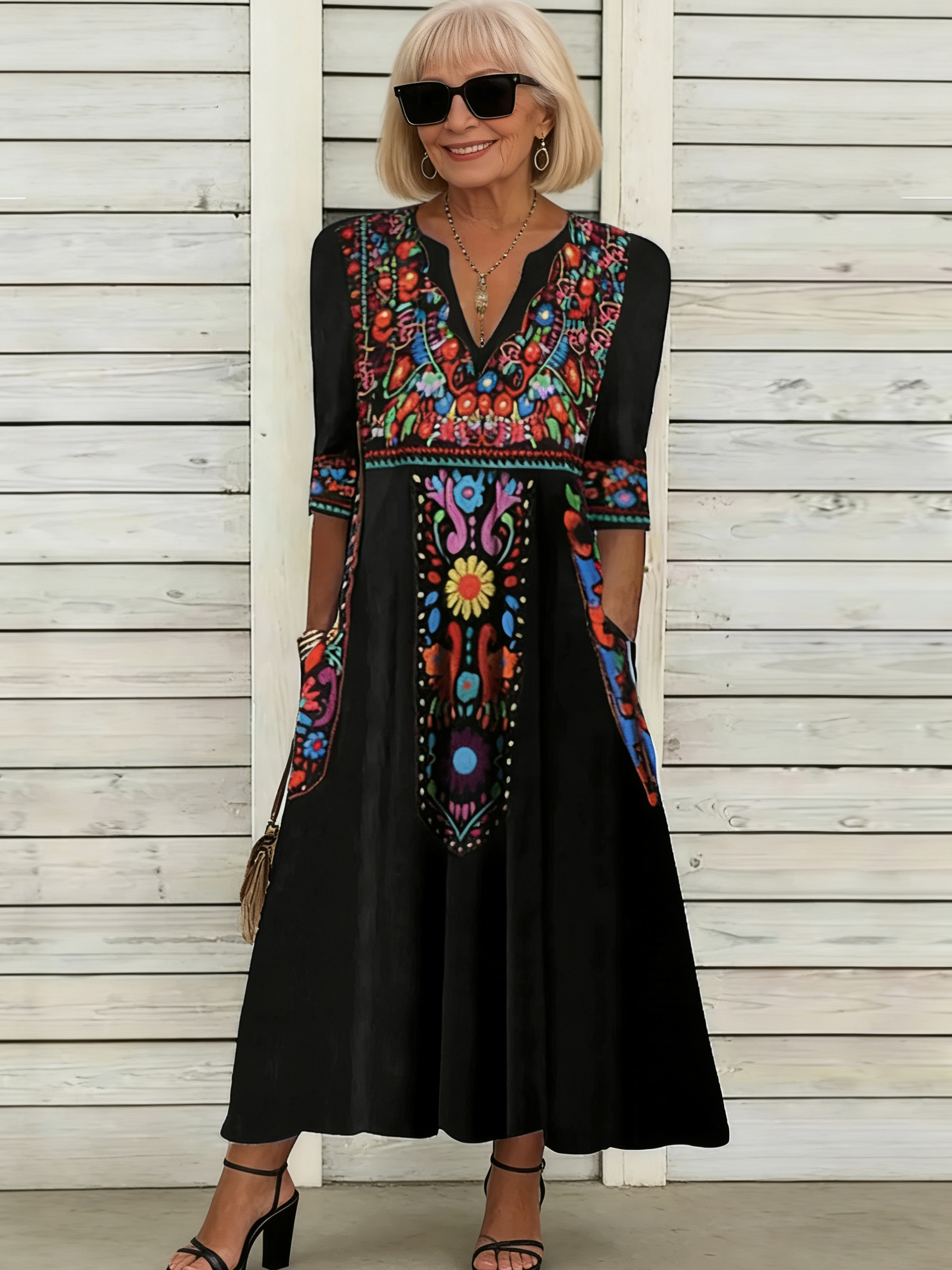 V-neck Pocket Bohemian Print Seven-quarter Sleeve Dress