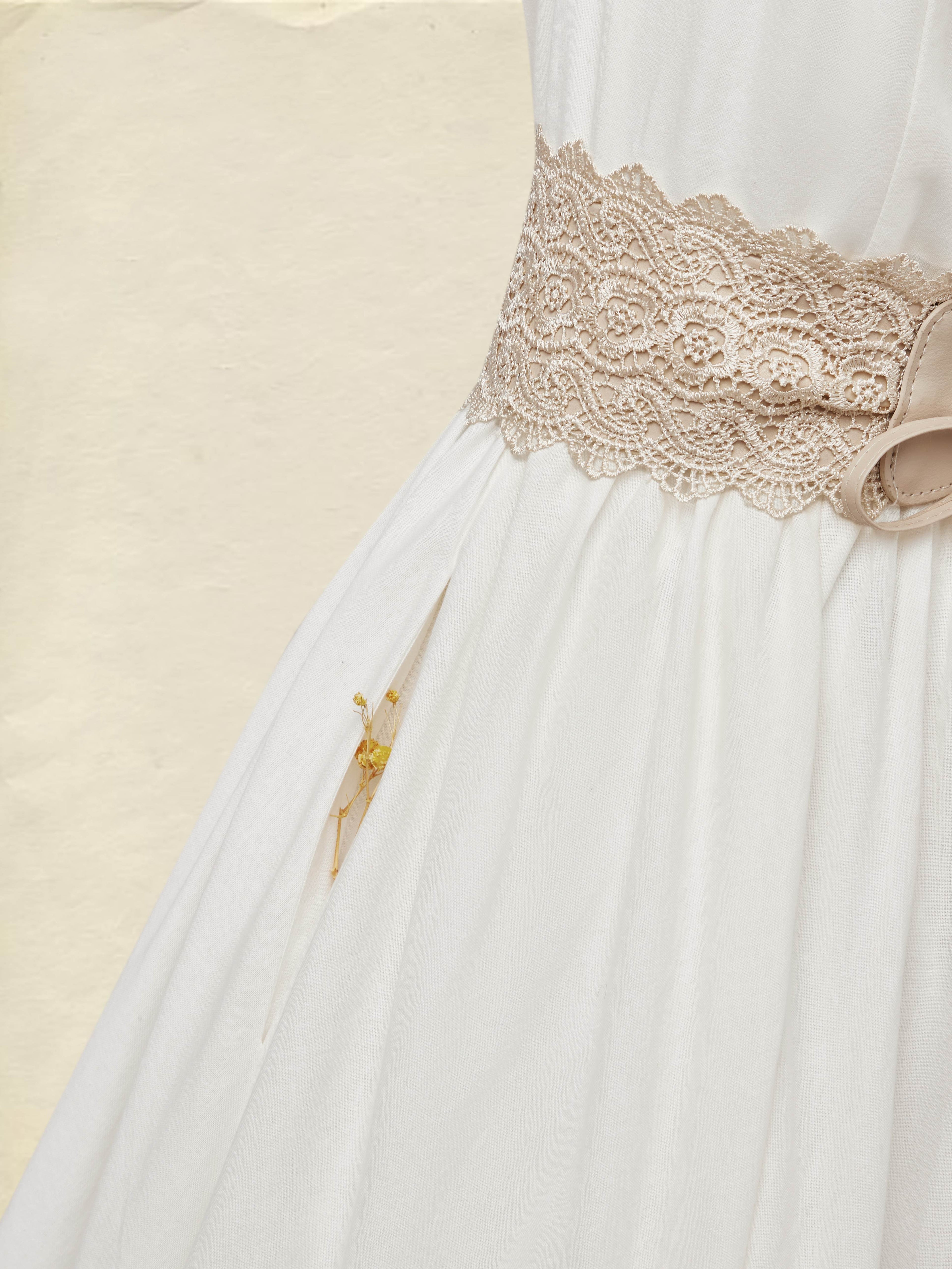 Maxi Linen Dress , Cap Sleeves, V Neck, Plain, Lace, Vintage, White