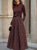 Midi Dress, Wool Top with Cotton Skirt, Long Sleeves, Stand Collar, Plaid, Belt Design, Vintage, Wine Red