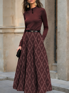 Midi Dress, Wool Top with Cotton Skirt, Long Sleeves, Stand Collar, Plaid, Belt Design, Vintage, Wine Red