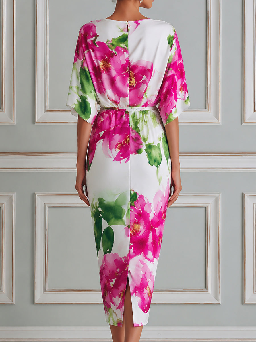 Elegant Floral Draped Midi Dress