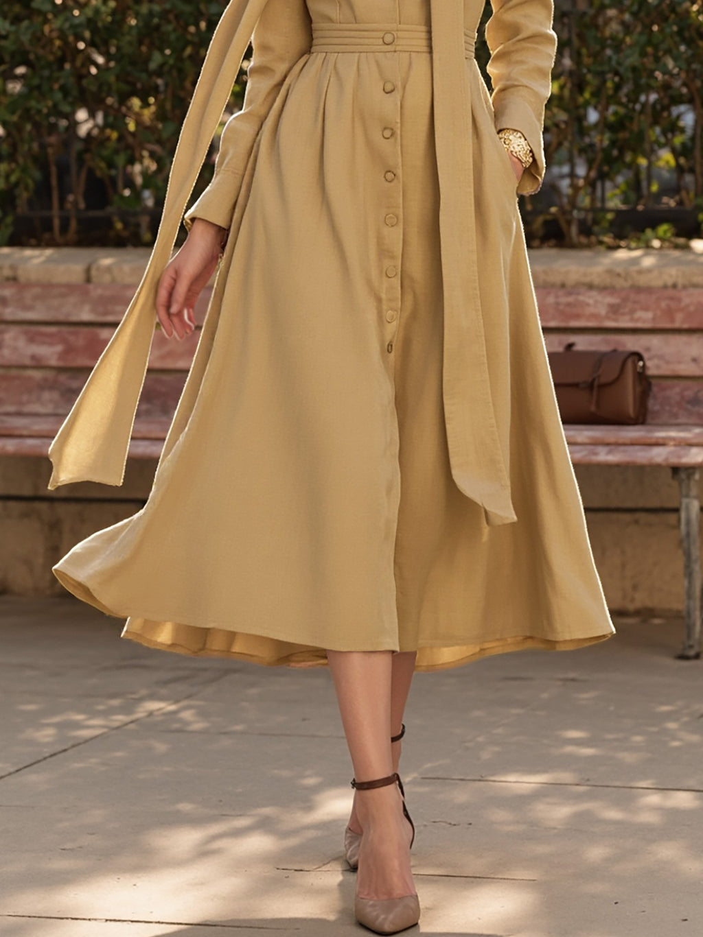 Midi Cotton Dress, Long Sleeves, V Neck, Plain, Button Design, French Vintage, Khaki