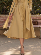Midi Cotton Dress, Long Sleeves, V Neck, Plain, Button Design, French Vintage, Khaki