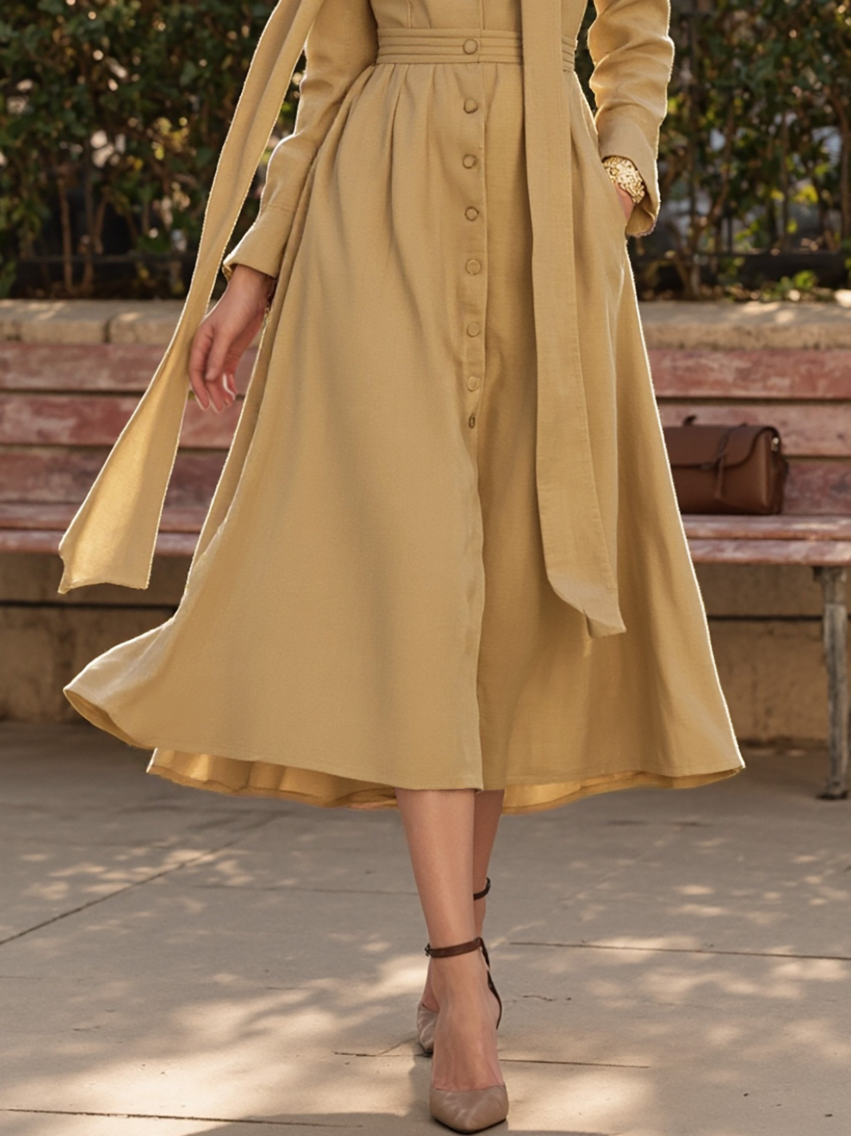 Midi Cotton Dress, Long Sleeves, V Neck, Plain, Button Design, French Vintage, Khaki