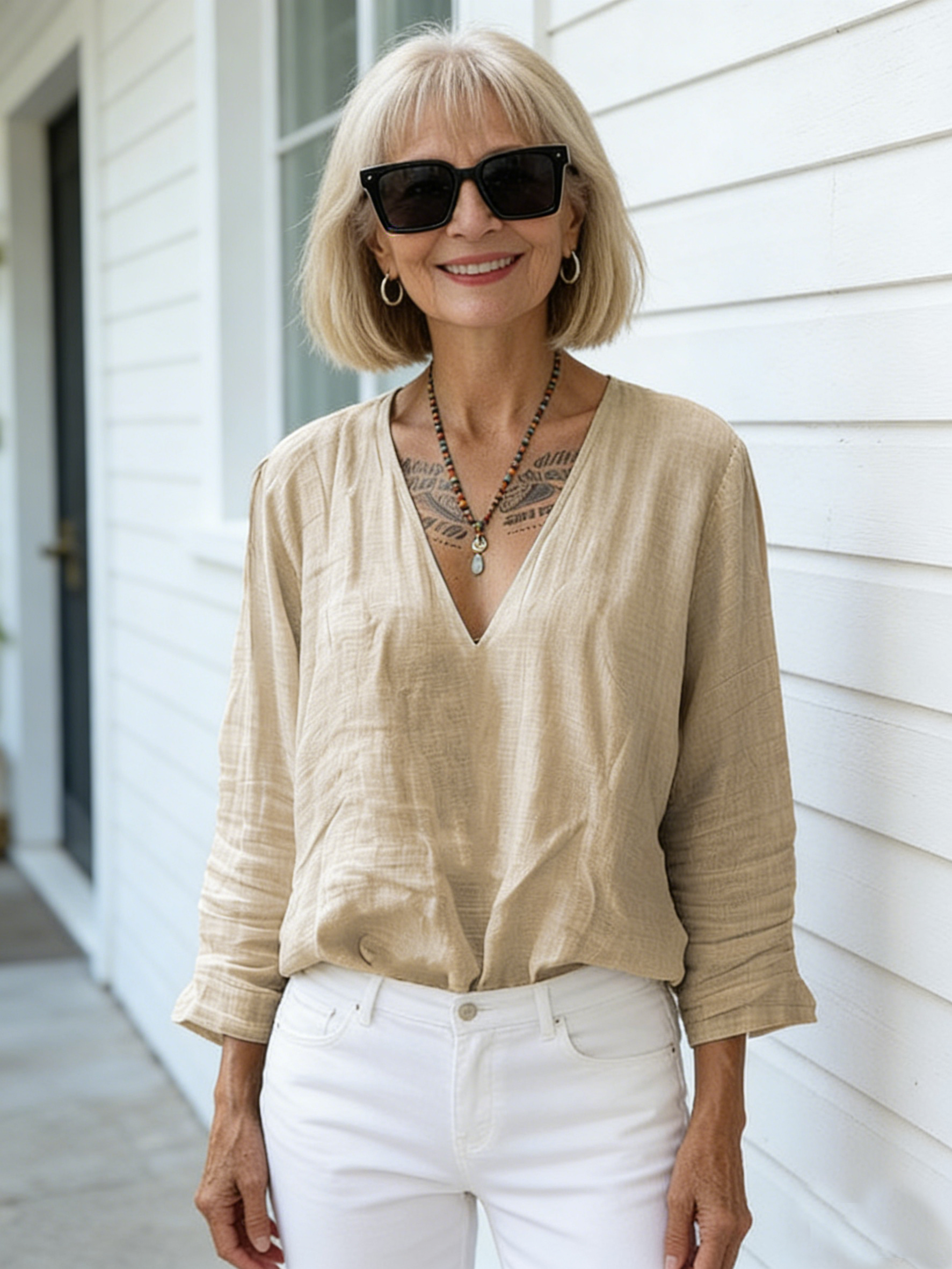 Cotton and Linen Casual V-neck Long-sleeved Loose Pullover Net Color Multi-color Women's Top