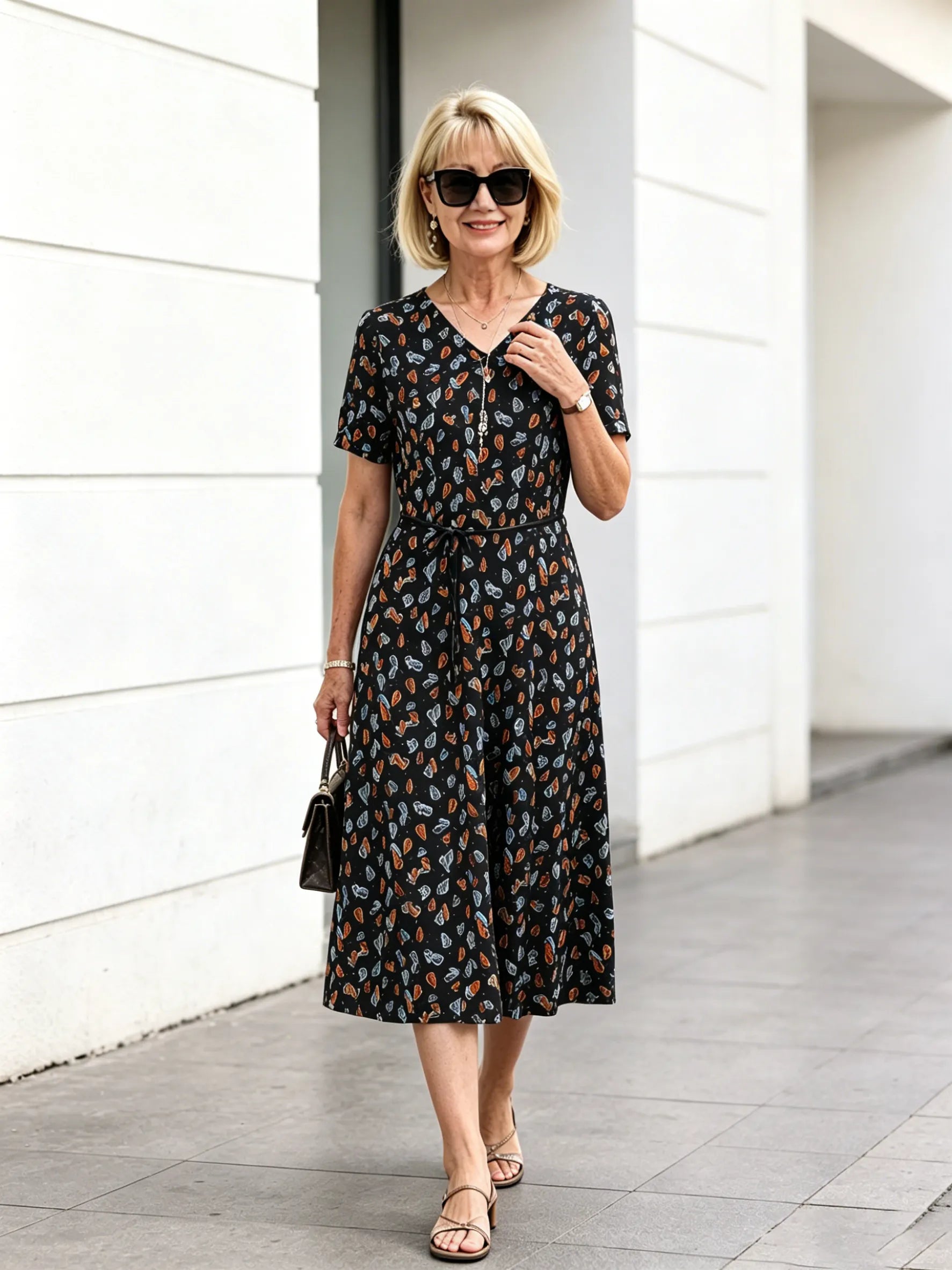 Orange Floral V-Neck Midi Dress, Short Sleeve Elastic Waist Slimming Temperament Long Dress for Mature Women