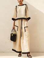Beige Linen-Blend Contrast Trim Two-Piece Set
