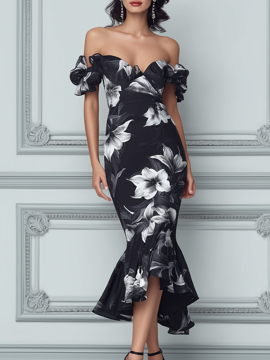 Black And White Floral Off-the-Shoulder Ruffled Midi Dress