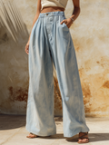 Light Wash Denim High-Waisted Wide-Leg Pants With Elastic Waist