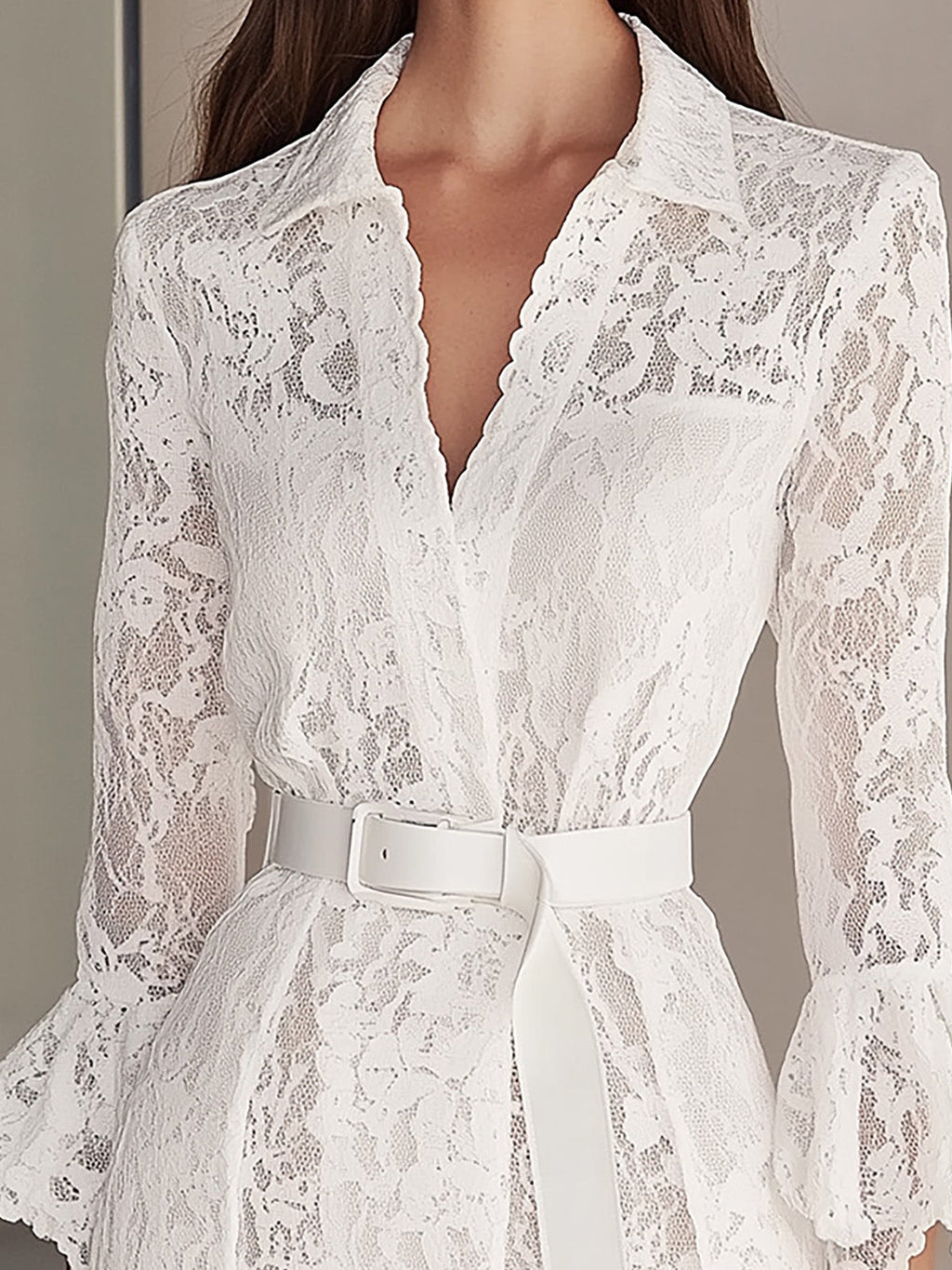 White Lace Shirtdress with Belt