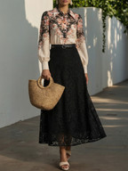 Cotton Shirt, Long Sleeves, Shawl Collar, Floral, Button Design, Vacation, Vintage, Apricot