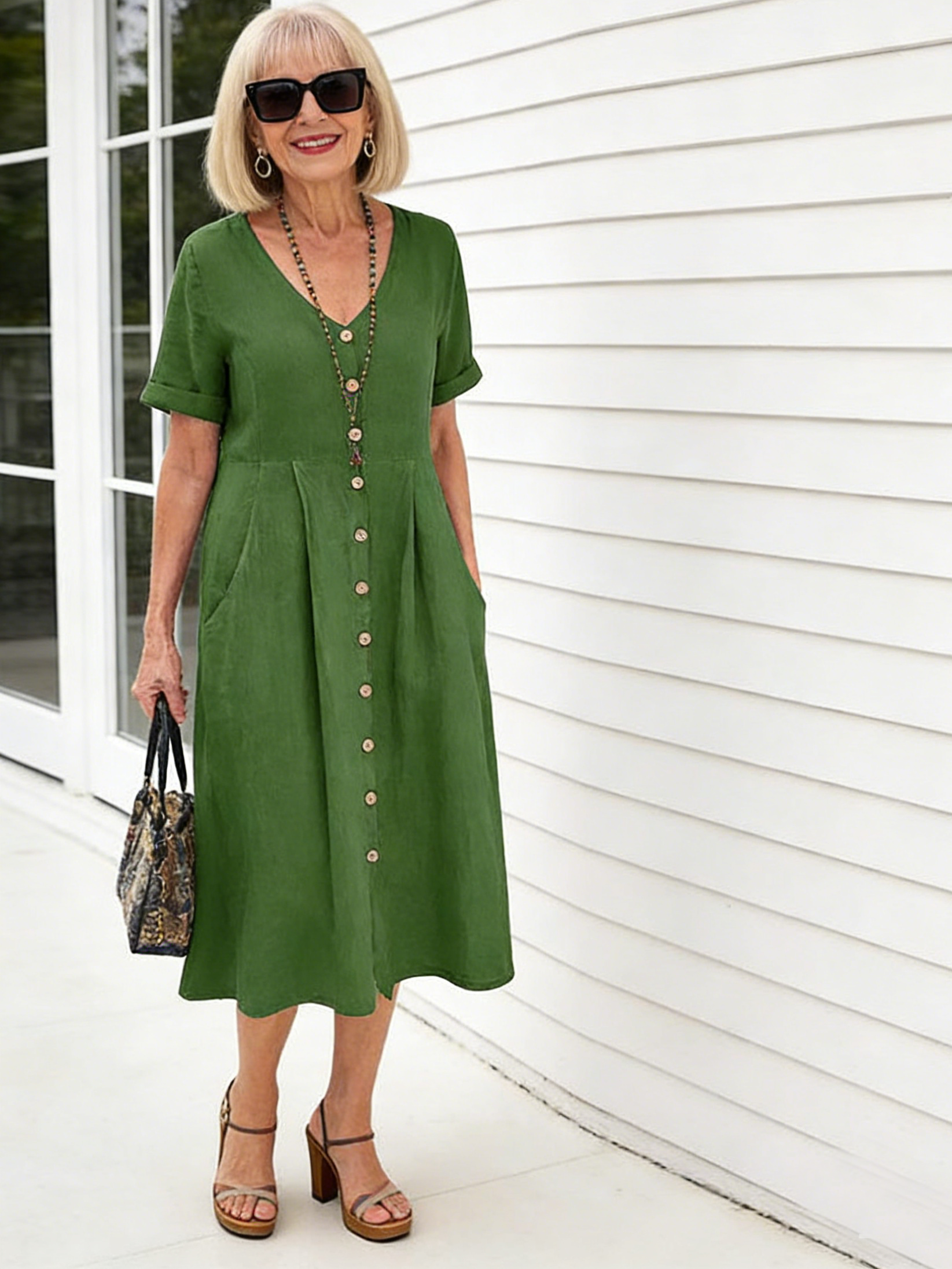 Solid Color Loose High Waist Cotton and Linen Dress