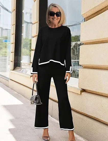 Contrasting Color Split-ended Long-sleeved Knitted Sweater High-waisted and Thin Wide-leg Pants and Trousers Two-piece Set