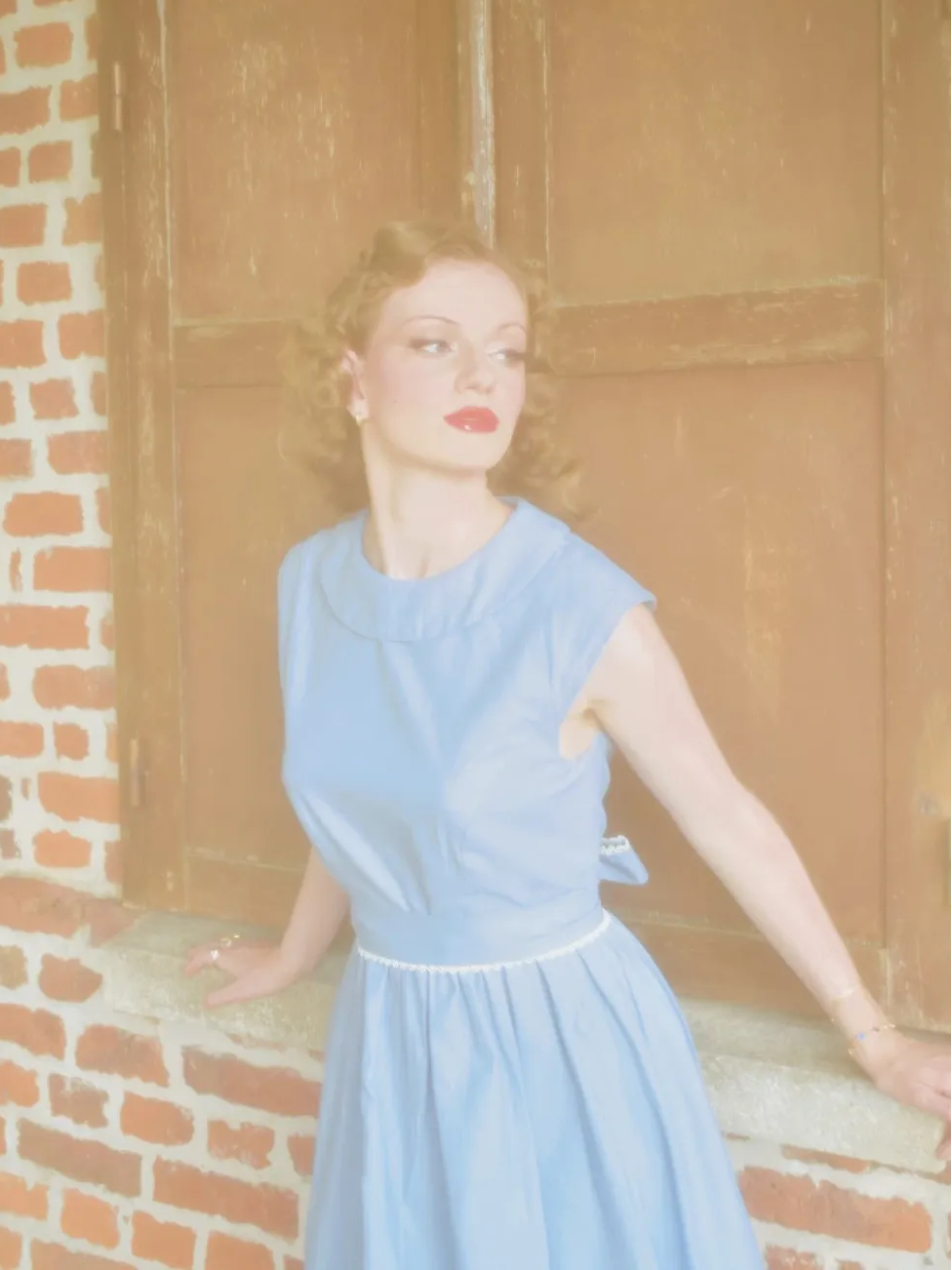 Linen Midi Dress, Sleeveless, Crew Neck, Plain, Vintage, Blue