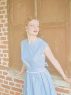 Linen Midi Dress, Sleeveless, Crew Neck, Plain, Vintage, Blue