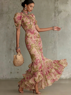 Elegant Vacation Party Floral Print Halterneck Stretch Maxi Dress