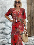 Vacation DRESS Women's Short Sleeve Summer Leopard Lace Dress V Neck Daily Going Out Casual Knee Length A-Line Khaki