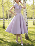 Midi Linen Dress, Sleeveless, Lapel Collar, Plain, Button Design, French Vintage, Light Purple