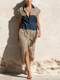 Denim & Stripe Color-Block Shirt Dress | Button-Front Midi Dress