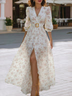 Romantic Floral Chiffon Maxi Dress With Belted Waist