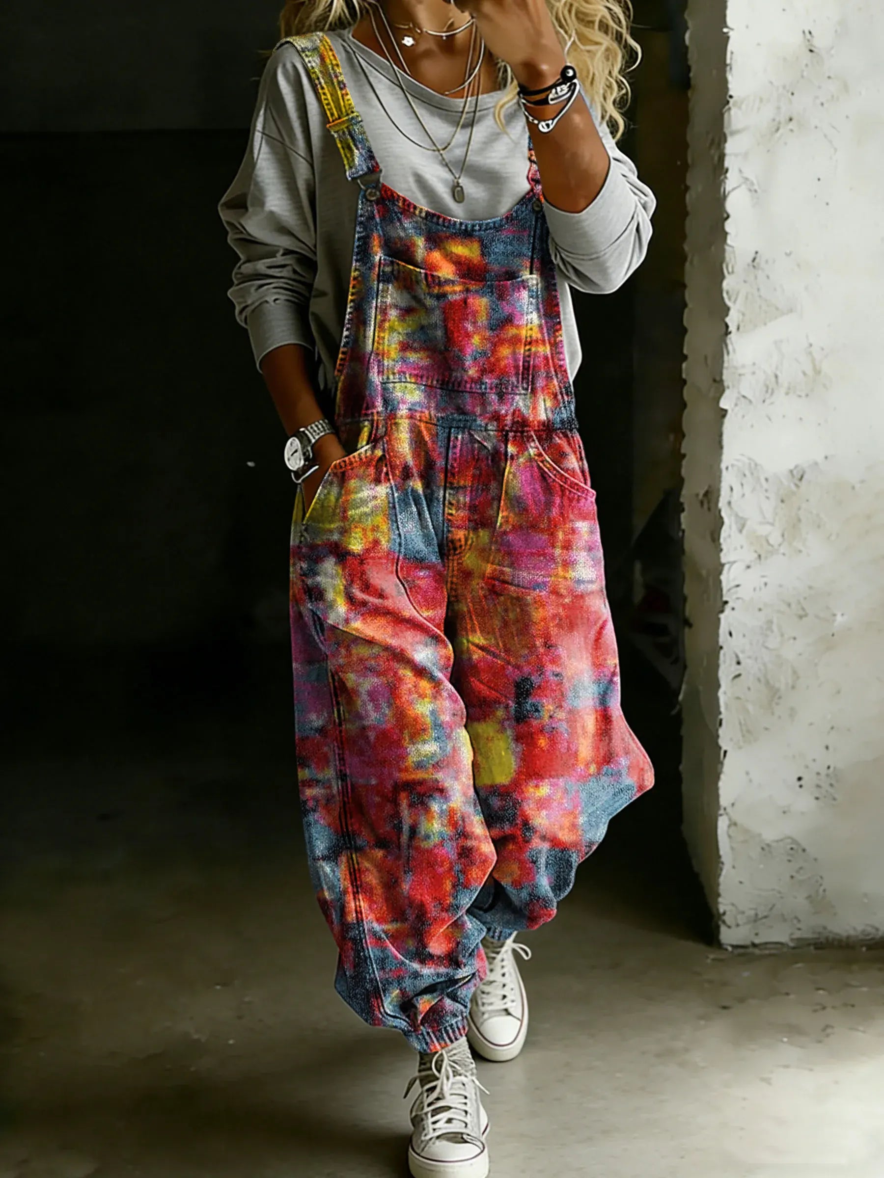 Women’s Vintage Multicolor Art Print Casual One Piece Denim Jumpsuit