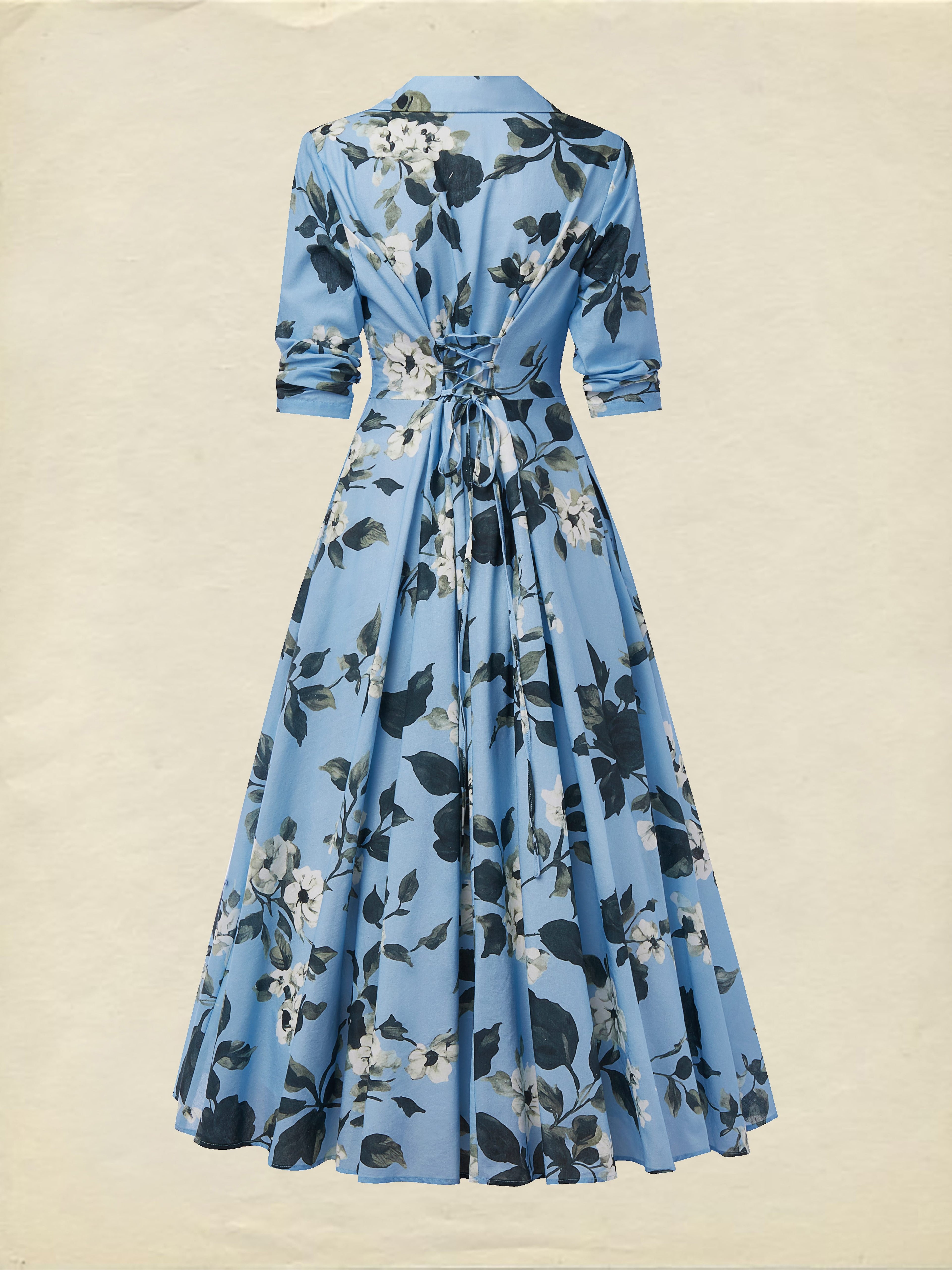 Maxi Linen Dress , Half Sleeve, Lapel Collar, Floral, Vacation, Vintage, Blue