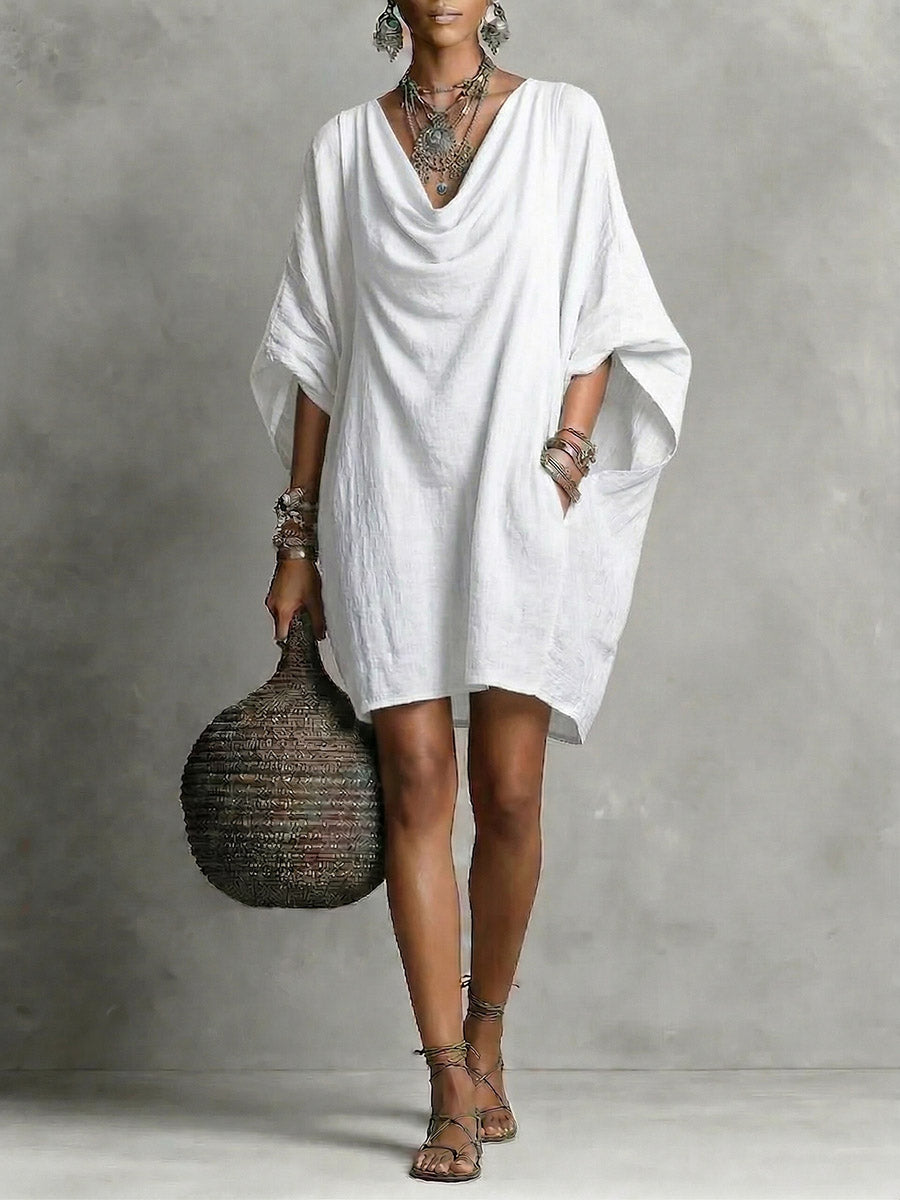 Women's Solid-color Cowl-neck 3/4-sleeve Casual Loose Cotton-linen Dress