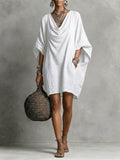 Women's Solid-color Cowl-neck 3/4-sleeve Casual Loose Cotton-linen Dress