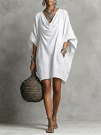 Women's Solid-color Cowl-neck 3/4-sleeve Casual Loose Cotton-linen Dress