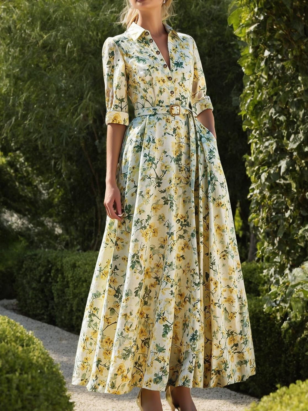 Maxi Linen Dress, Half Sleeve, Shawl Collar, Floral, Button Design, Vintage, Beige