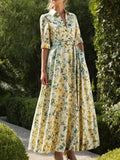 Maxi Linen Dress, Half Sleeve, Shawl Collar, Floral, Button Design, Vintage, Beige