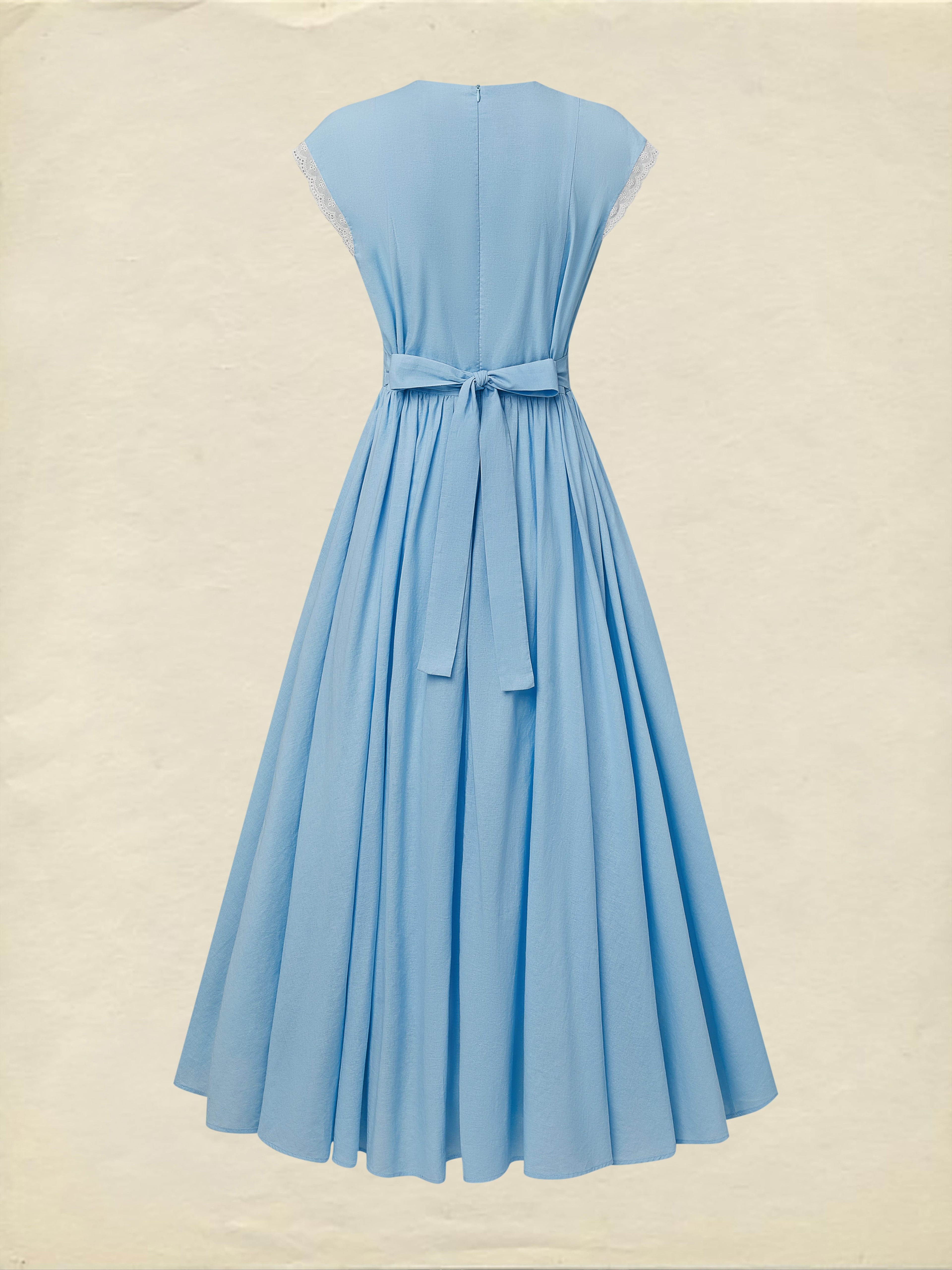 Maxi Linen Dress , Cap Sleeves, V Neck, Plain, Button Design, Vintage, Blue