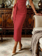 Midi Cotton Dress, Sleeveless, Round Neck, Polka Dots, Twist, French Vintage, Red